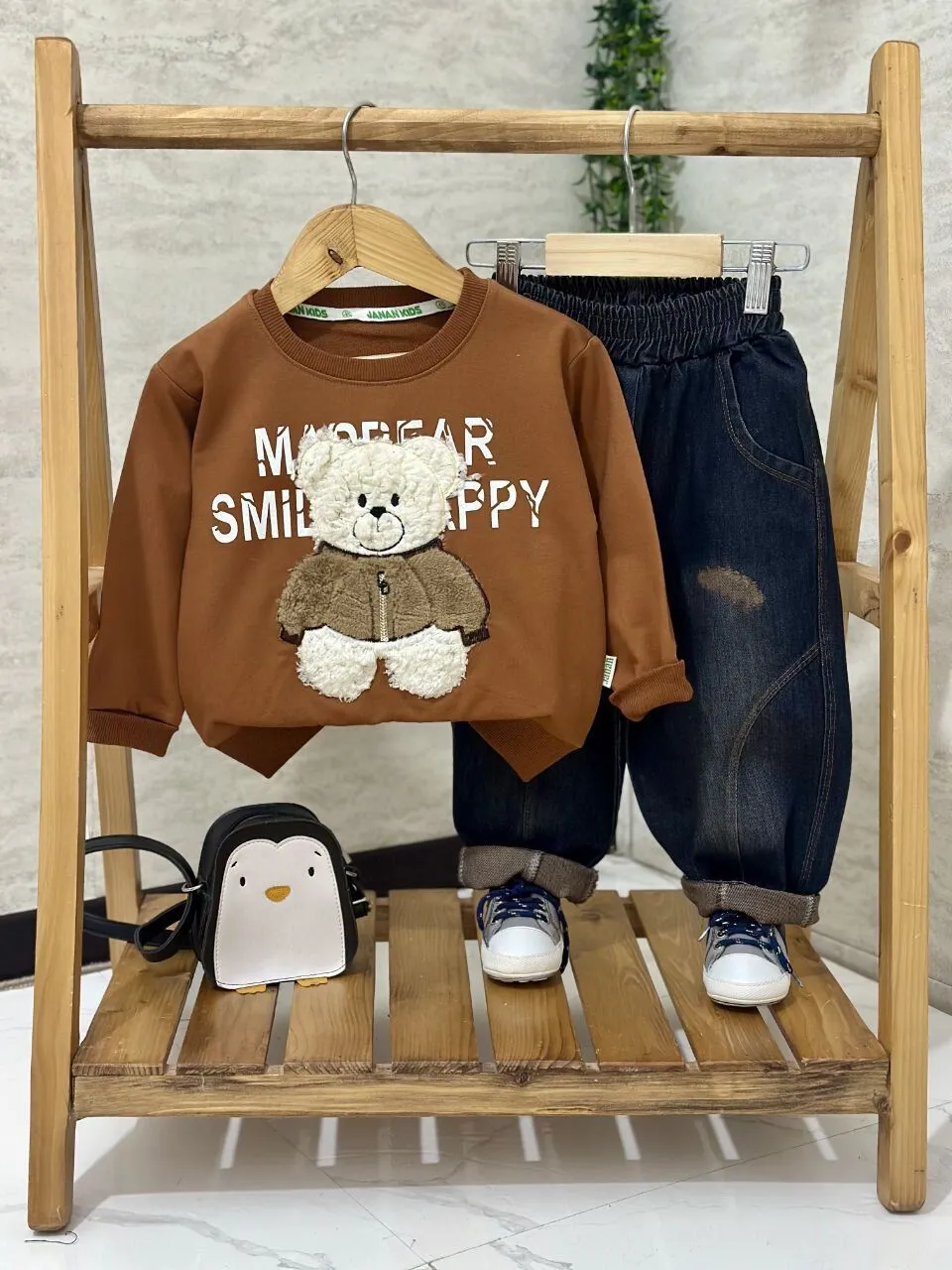 ست عیدانه تدی جین کرم بچهگانه باکیفیت و ارزان