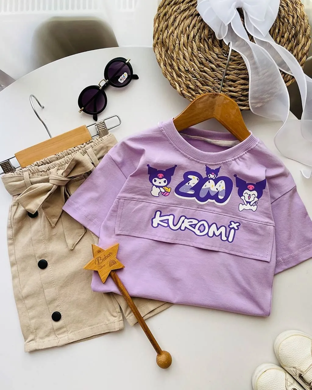 ست عیدانه دخترانه کتان کرومی بنفش شیک برای کودکان