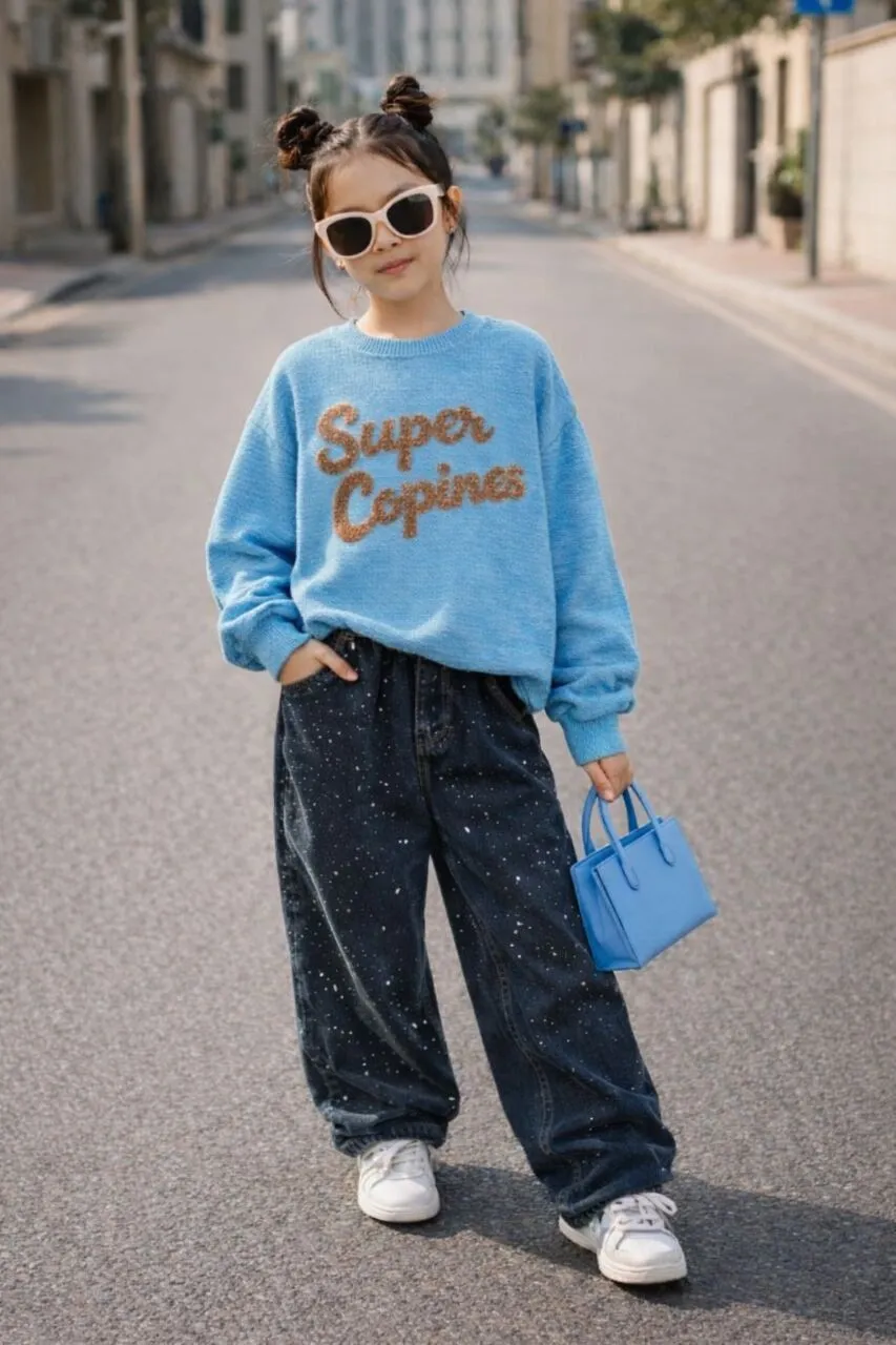 ست عیدانه کراپ شلوار جین قهوه ای دخترانه باکیفیت و ارزان